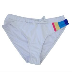 Womens Bikini Bottom Medium, Front Tie, White with Colorblock Design on Sides